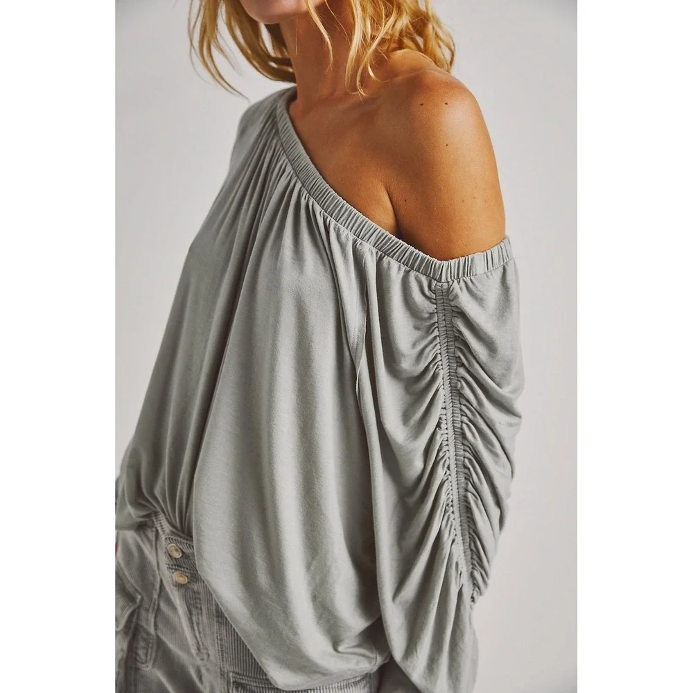 Free People Care FP Serenade Tee XS Gray Tencel Off Shoulder Ruched Top NWOT